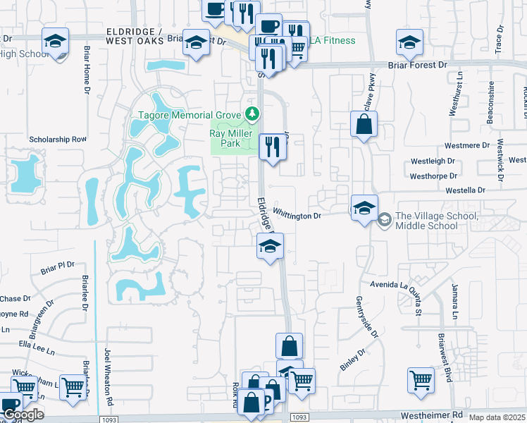 map of restaurants, bars, coffee shops, grocery stores, and more near 1950 Eldridge Parkway South in Houston