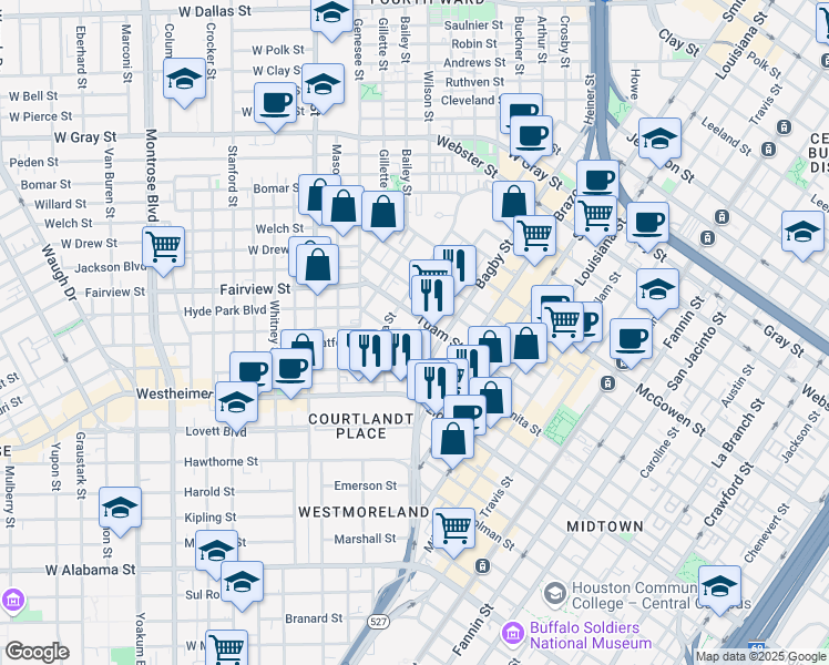 map of restaurants, bars, coffee shops, grocery stores, and more near 101 Stratford Street in Houston
