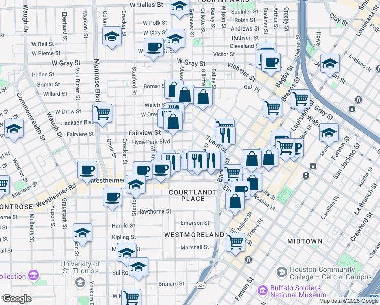map of restaurants, bars, coffee shops, grocery stores, and more near 205 Stratford Street in Houston