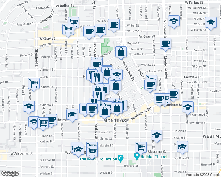 map of restaurants, bars, coffee shops, grocery stores, and more near 1716 Maryland Street in Houston