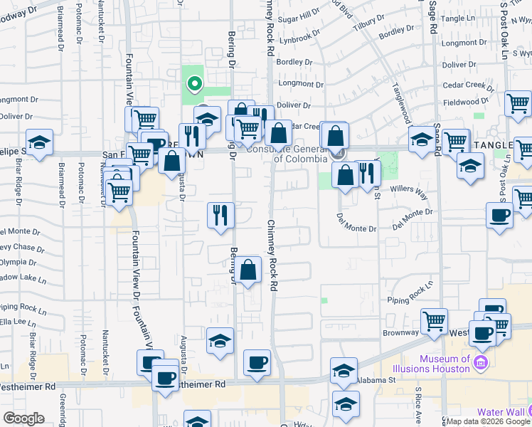 map of restaurants, bars, coffee shops, grocery stores, and more near 1881 Bering Drive in Houston