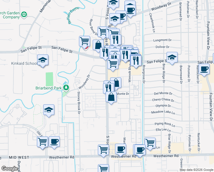 map of restaurants, bars, coffee shops, grocery stores, and more near 2101 South Voss Road in Houston