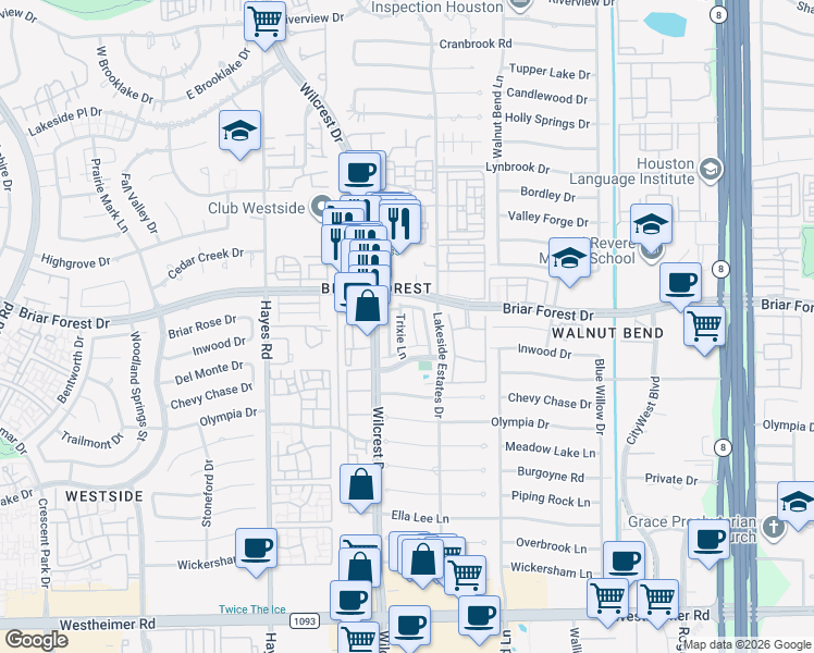 map of restaurants, bars, coffee shops, grocery stores, and more near 2005 Trixie Lane in Houston