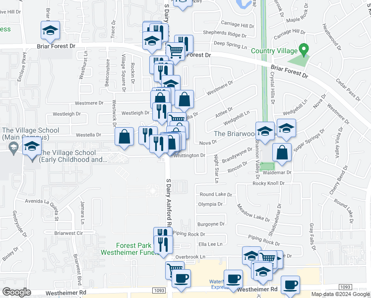 map of restaurants, bars, coffee shops, grocery stores, and more near 12522 Whittington Drive in Houston