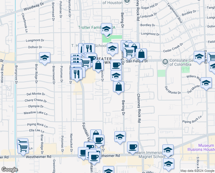 map of restaurants, bars, coffee shops, grocery stores, and more near 1901 Augusta Drive in Houston
