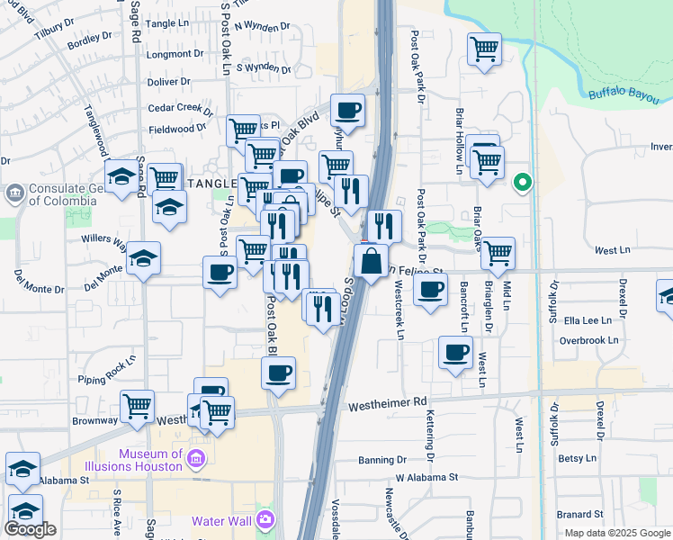 map of restaurants, bars, coffee shops, grocery stores, and more near 2000 West Loop South in Houston