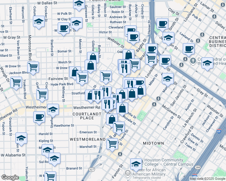 map of restaurants, bars, coffee shops, grocery stores, and more near 415 Tuam Street in Houston