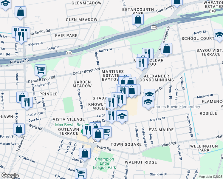 map of restaurants, bars, coffee shops, grocery stores, and more near 1502 Nolan Road in Baytown