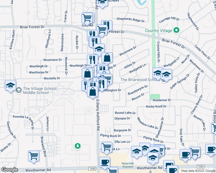 map of restaurants, bars, coffee shops, grocery stores, and more near 12522 Whittington Drive in Houston