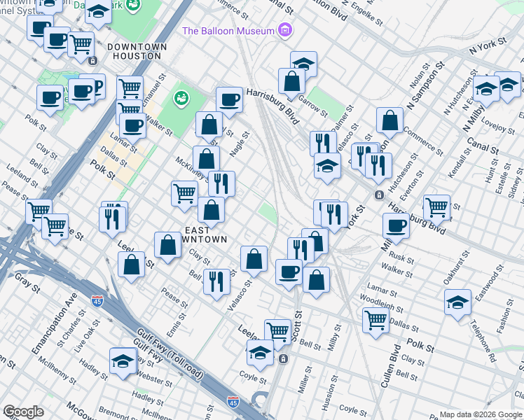 map of restaurants, bars, coffee shops, grocery stores, and more near 3101 McKinney Street in Houston