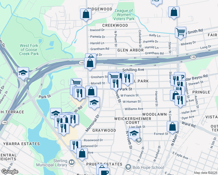 map of restaurants, bars, coffee shops, grocery stores, and more near 610 Park Street in Baytown