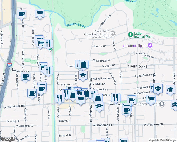 map of restaurants, bars, coffee shops, grocery stores, and more near 3903 San Felipe St in Houston