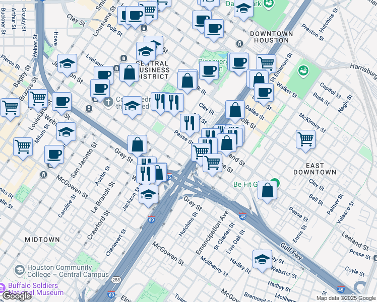 map of restaurants, bars, coffee shops, grocery stores, and more near 1801 Chenevert Street in Houston