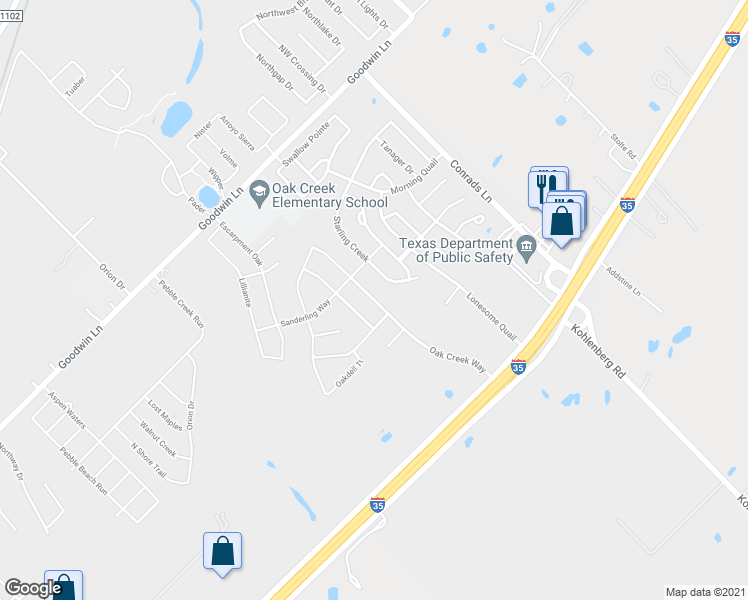 map of restaurants, bars, coffee shops, grocery stores, and more near Oak Creek Way in New Braunfels