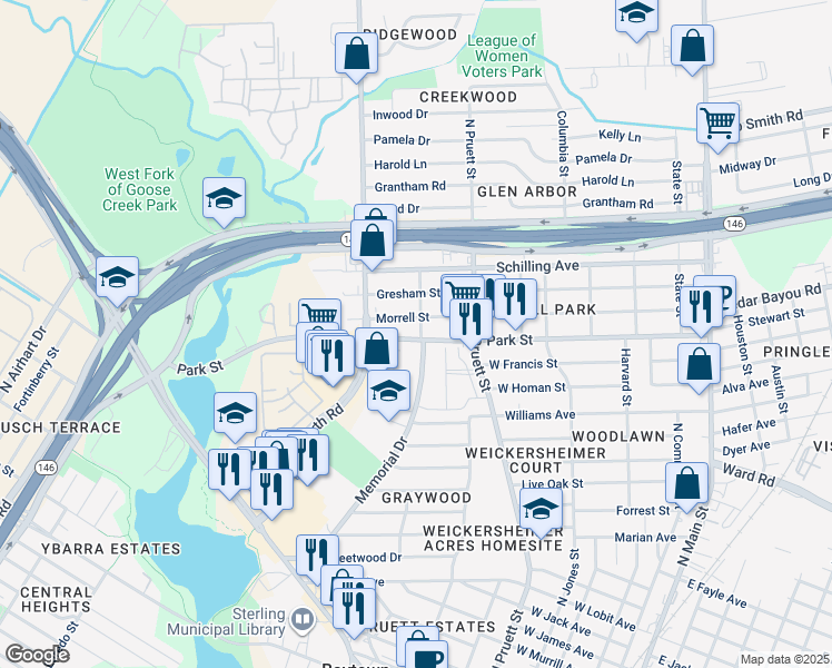 map of restaurants, bars, coffee shops, grocery stores, and more near 700 Park Street in Baytown