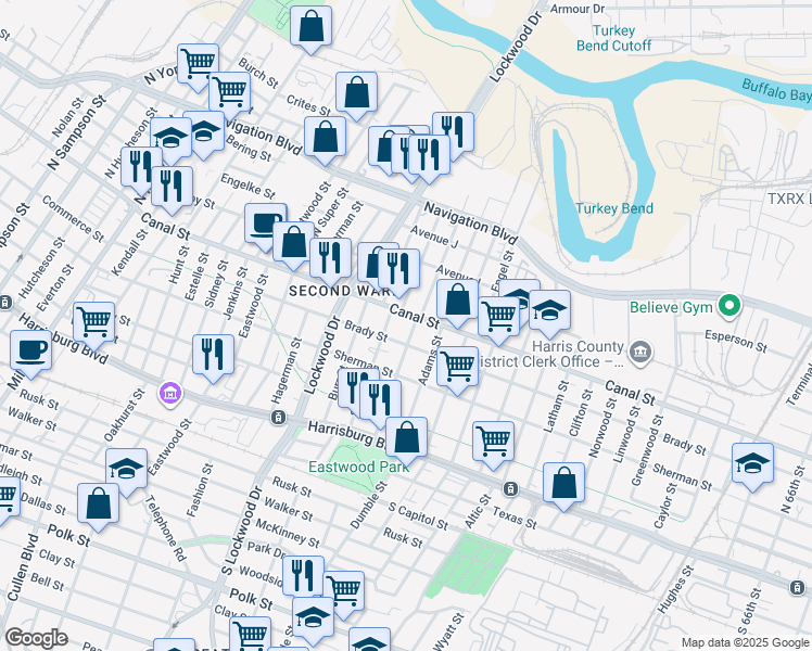map of restaurants, bars, coffee shops, grocery stores, and more near 4901 Brady Street in Houston