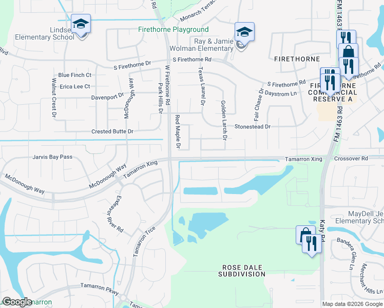 map of restaurants, bars, coffee shops, grocery stores, and more near 2938 Dunlin Terrace Drive in Katy