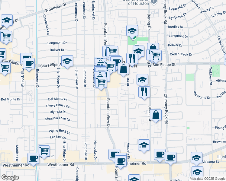 map of restaurants, bars, coffee shops, grocery stores, and more near 1902 Augusta Drive in Houston