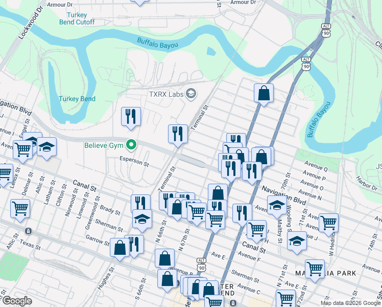 map of restaurants, bars, coffee shops, grocery stores, and more near 6606 Avenue North in Houston