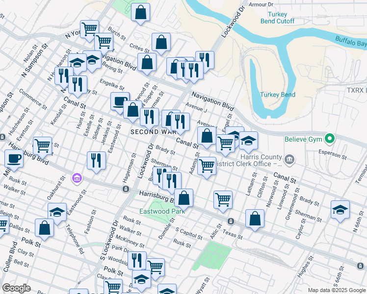 map of restaurants, bars, coffee shops, grocery stores, and more near 4901 Brady Street in Houston