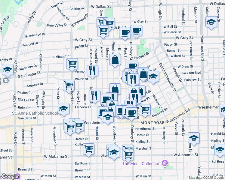 map of restaurants, bars, coffee shops, grocery stores, and more near 2109 Woodhead Street in Houston