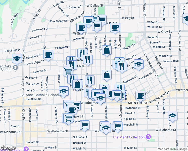 map of restaurants, bars, coffee shops, grocery stores, and more near 2111 Driscoll Street in Houston