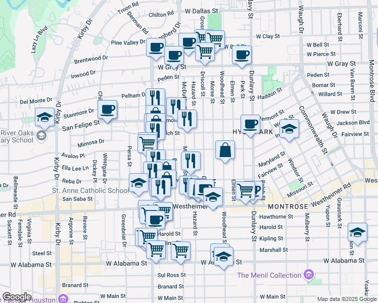 map of restaurants, bars, coffee shops, grocery stores, and more near 2110 Hazard Street in Houston