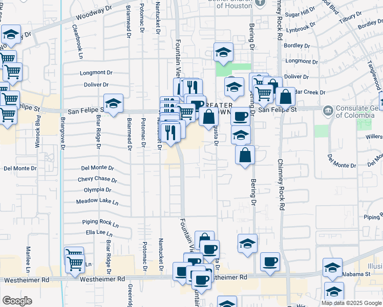 map of restaurants, bars, coffee shops, grocery stores, and more near 1902 Augusta Drive in Houston