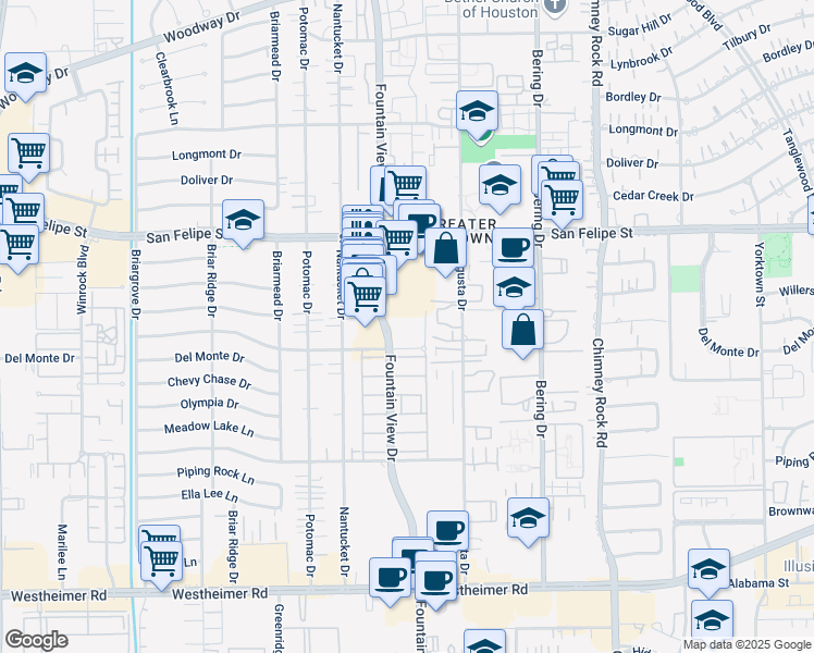 map of restaurants, bars, coffee shops, grocery stores, and more near 1957 Fountain View Drive in Houston