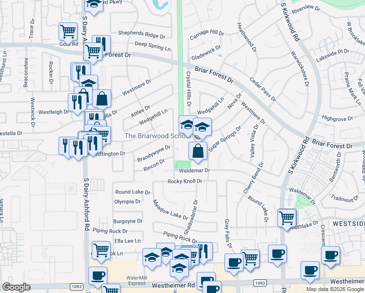 map of restaurants, bars, coffee shops, grocery stores, and more near 12303 Brandywyne Drive in Houston