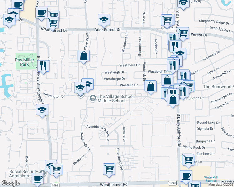 map of restaurants, bars, coffee shops, grocery stores, and more near 12850 Westmead Drive in Houston