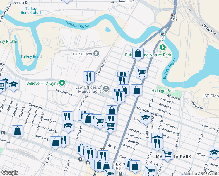 map of restaurants, bars, coffee shops, grocery stores, and more near 1407 North 67th Street in Houston