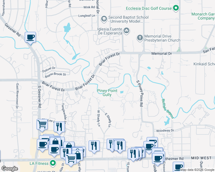 map of restaurants, bars, coffee shops, grocery stores, and more near 9161 Briar Forest Drive in Houston