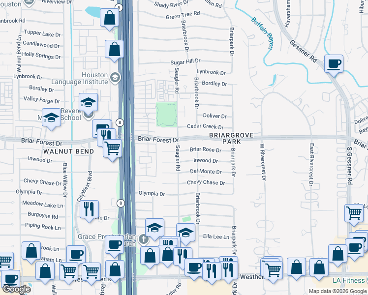 map of restaurants, bars, coffee shops, grocery stores, and more near 10119 Briar Rose Drive in Houston
