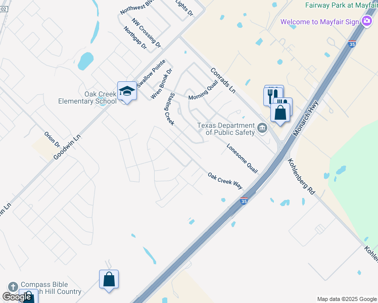 map of restaurants, bars, coffee shops, grocery stores, and more near 240 Oak Creek Way in New Braunfels