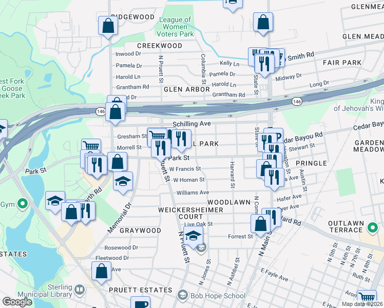 map of restaurants, bars, coffee shops, grocery stores, and more near 501 Park Street in Baytown