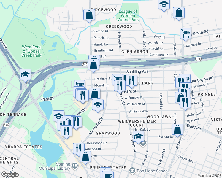 map of restaurants, bars, coffee shops, grocery stores, and more near 610 Park Street in Baytown