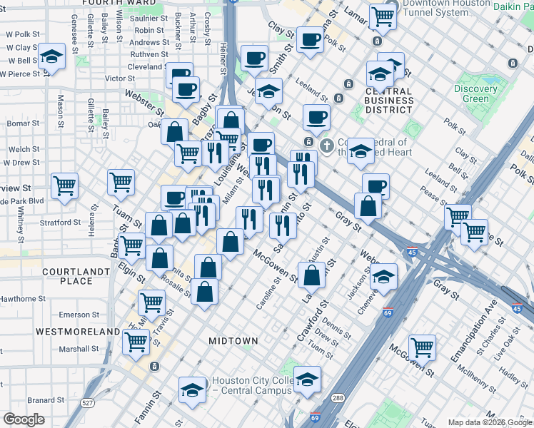 map of restaurants, bars, coffee shops, grocery stores, and more near 2301 Main Street in Houston
