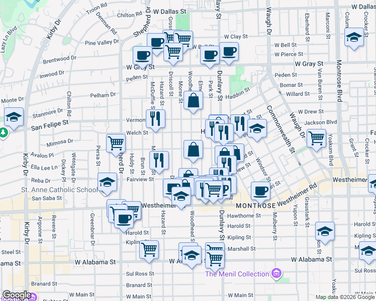 map of restaurants, bars, coffee shops, grocery stores, and more near 2100 Woodhead Street in Houston