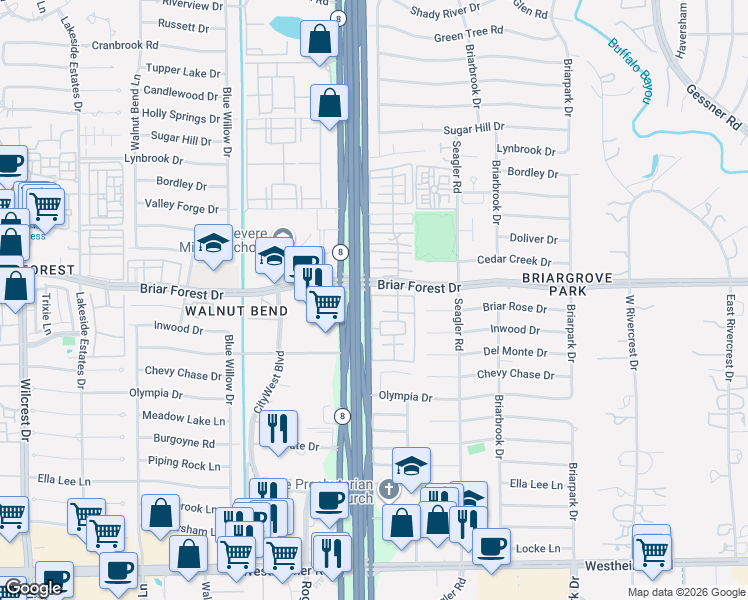 map of restaurants, bars, coffee shops, grocery stores, and more near 1521 West Sam Houston Parkway South in Houston