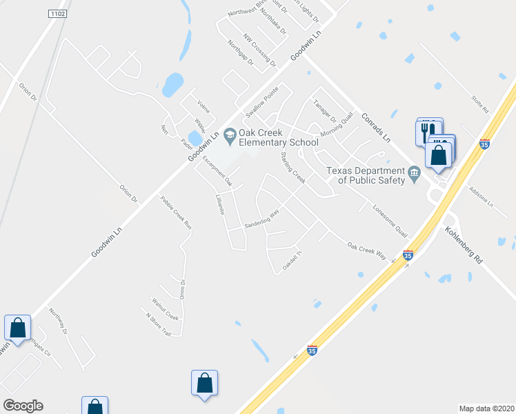 map of restaurants, bars, coffee shops, grocery stores, and more near Creekview Way in New Braunfels