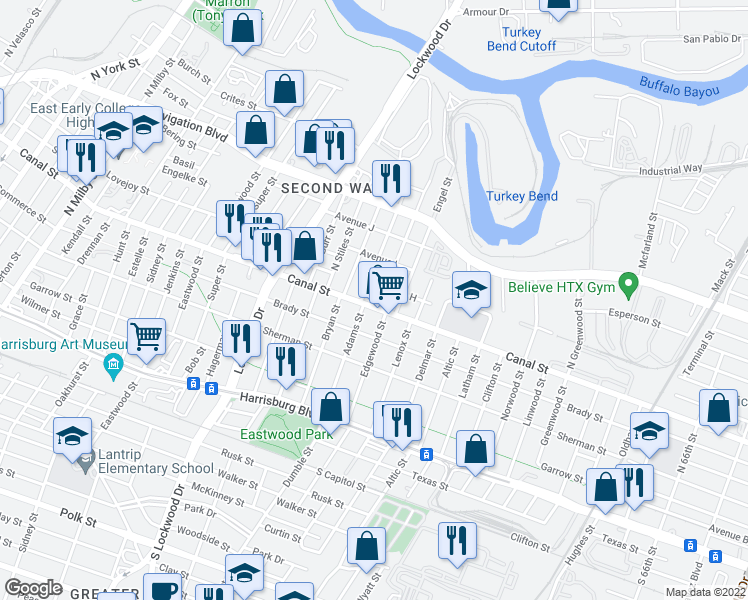 map of restaurants, bars, coffee shops, grocery stores, and more near 5120 Canal Street in Houston