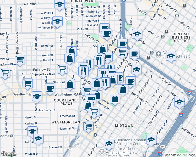 map of restaurants, bars, coffee shops, grocery stores, and more near 2714 Smith Street in Houston