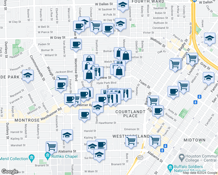 map of restaurants, bars, coffee shops, grocery stores, and more near 405 Stratford Street in Houston