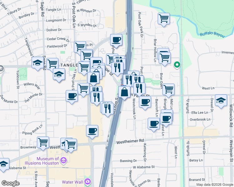 map of restaurants, bars, coffee shops, grocery stores, and more near 1960 West Loop South in Houston