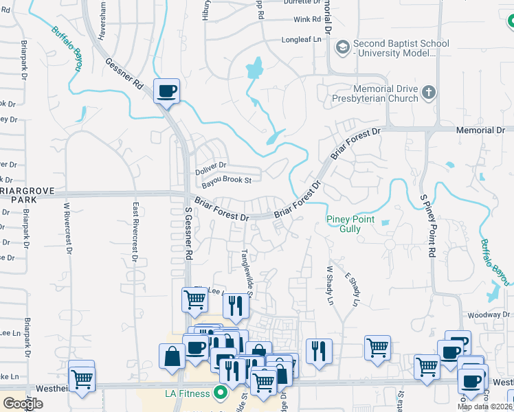 map of restaurants, bars, coffee shops, grocery stores, and more near 9402 Briar Forest Drive in Houston