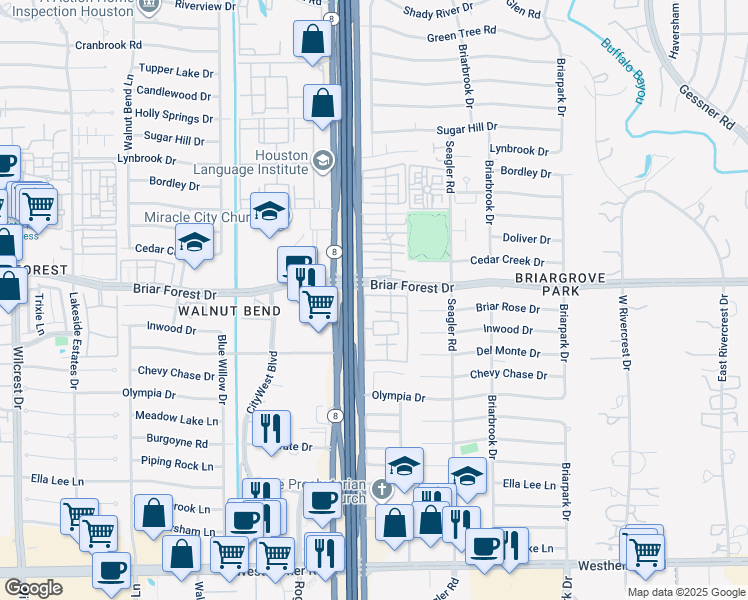 map of restaurants, bars, coffee shops, grocery stores, and more near 1553 West Sam Houston Parkway South in Houston