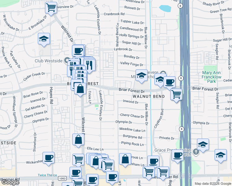 map of restaurants, bars, coffee shops, grocery stores, and more near 10925 Briar Forest Drive in Houston