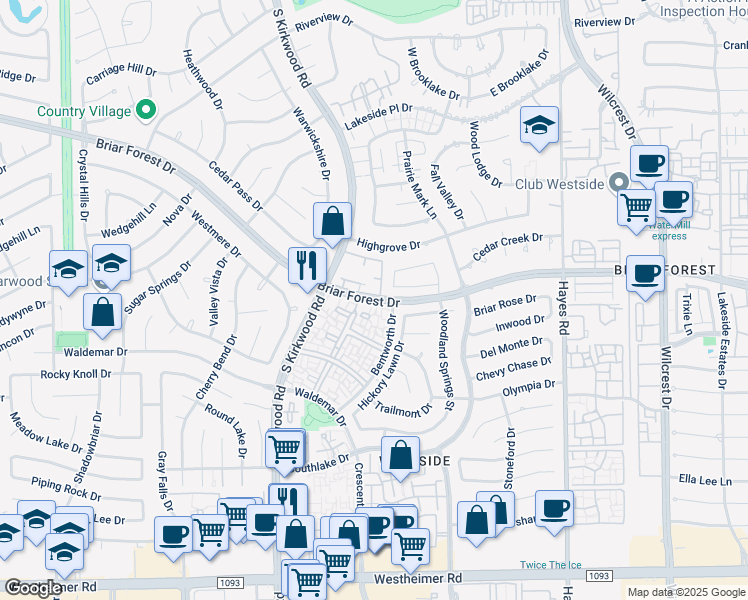 map of restaurants, bars, coffee shops, grocery stores, and more near 11655 Briar Forest Drive in Houston