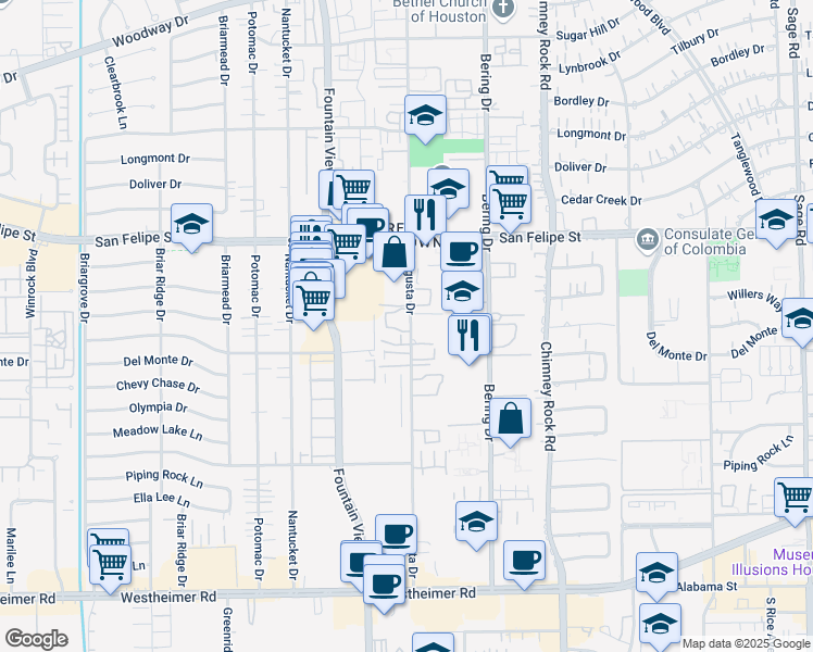 map of restaurants, bars, coffee shops, grocery stores, and more near 1902 Augusta Drive in Houston